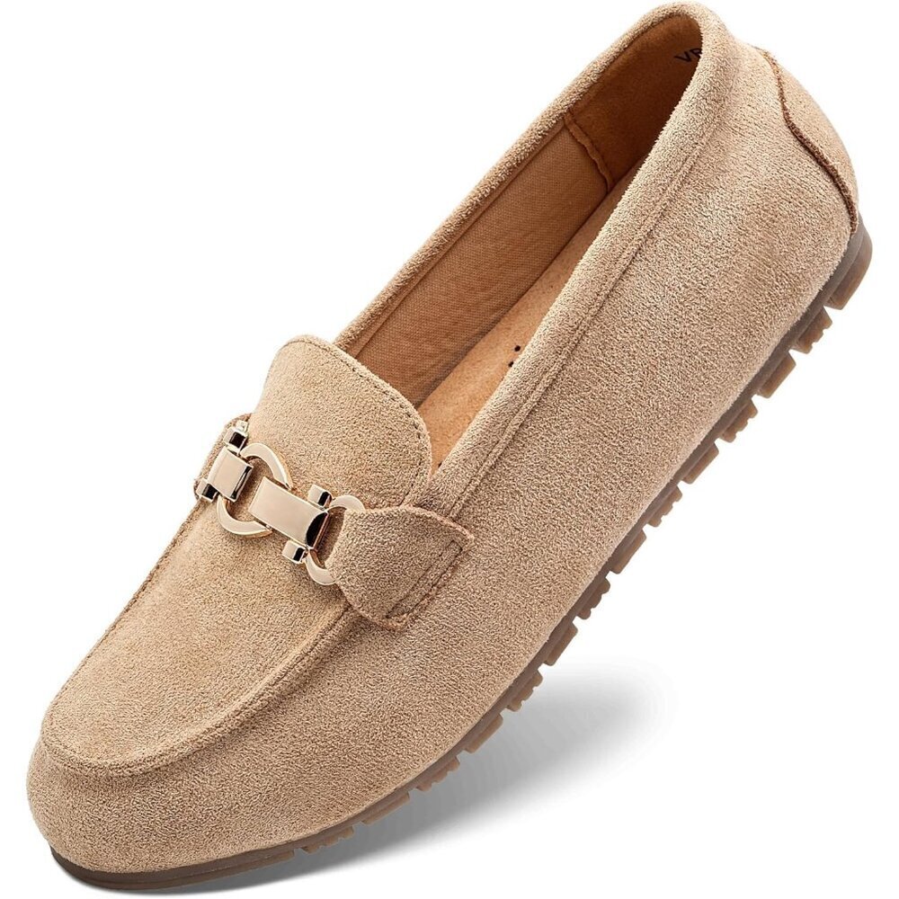 Womens Khaki-velvet Faux Suede Slip On Comfort Chunky Heel Lug Sole Loafers